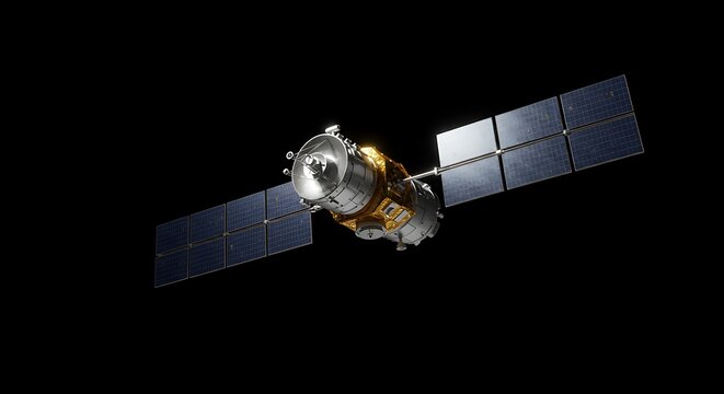 A realistic satellite orbiting with solar panels extended, placed in the middle of a black background, sleek and scientific, 