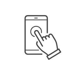 Hand touch smartphone icon in line style. Cursor finger vector illustration on white isolated background. Hand touch screen for app, web design and business concept.