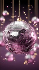 Obraz premium Disco ball with golden chain, dreamy bokeh background with pink and gold lights creating magical party atmosphere for celebration 80's nightlife entertainment and retro dance floor ambiance.