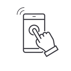 Hand touch smartphone icon in line style. Cursor finger vector illustration on white isolated background. Hand touch screen for app, web design and business concept.