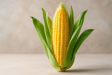 Fresh Ear of Corn Still Life Display Showcasing Vibrant Yellow Kernels and Green Leaves, Representing Harvest and Natural Food