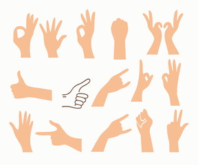 Fototapeta premium Set of hands showing different gestures isolated on a white background. Vector flat illustration of female and male hands. vector icon illustration