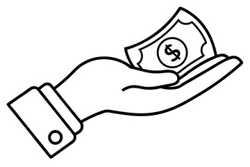 A collection of minimalist business and finance line icons in black outline style. This vector set includes icons of handshakes, giving and receiving money, charity donations, holding coins, financial