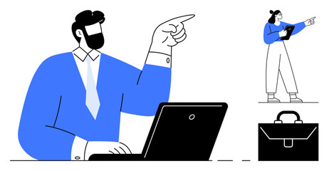 Man working on laptop while pointing, woman holding tablet and directing, briefcase. Ideal for teamwork, collaboration, workplace communication, goal setting, leadership, instruction simple landing