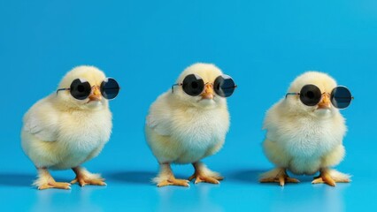 Fototapeta premium Three cute chicks wearing sunglasses, on blue