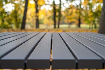 Park table top in autumn.  Blurred fall foliage in background