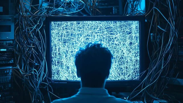 A man is sitting in front of a computer monitor with a blue screen. The wires surrounding the monitor are tangled and the man is staring at the screen. Concept of confusion and disorientation