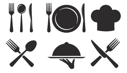 spoon, Fork, knife, chef hat and plate icon set, Hand holding food tray , Dinner service collection, Silhouette of cutlery. Vector illustration