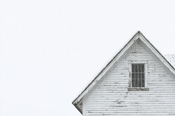 Close-up of snow-covered, weathered white gable end