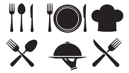 spoon, Fork, knife, chef hat and plate icon set, Hand holding food tray , Dinner service collection, Silhouette of cutlery. Vector illustration
