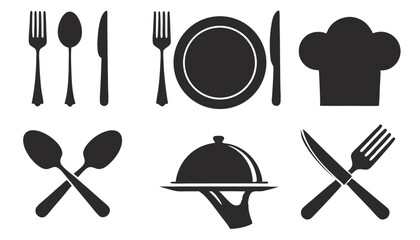 spoon, Fork, knife, chef hat and plate icon set, Hand holding food tray , Dinner service collection, Silhouette of cutlery. Vector illustration