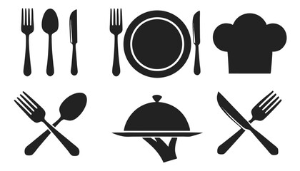 spoon, Fork, knife, chef hat and plate icon set, Hand holding food tray , Dinner service collection, Silhouette of cutlery. Vector illustration