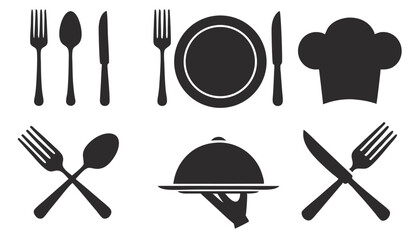 spoon, Fork, knife, chef hat and plate icon set, Hand holding food tray , Dinner service collection, Silhouette of cutlery. Vector illustration