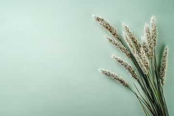 Fototapeta premium Dried grasses arranged on a mint-green backdrop