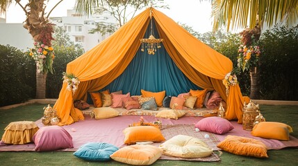 Bohemian Outdoor Lounge: Jewel-Toned Canopy & Plush Pillows