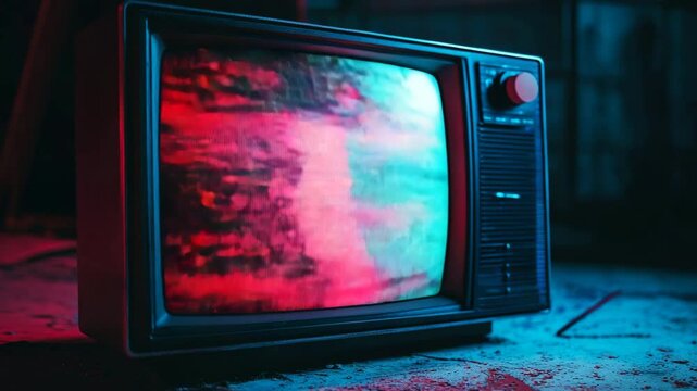 A black and white television with a red and blue screen. The television is turned off