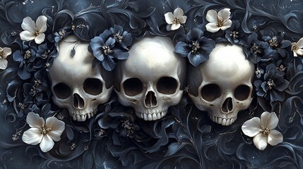 Three Skulls Adorned with Dark Blooms and Swirling Filigree
