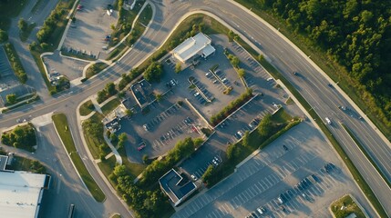 Aerial View of Suburban Parking Lots and Roads