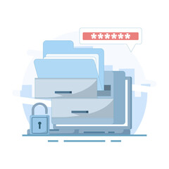 Online Storage Concept, storing Files and folders on online server, Safer online storage space, document files, management files, secure database, Flat design illustration in background.