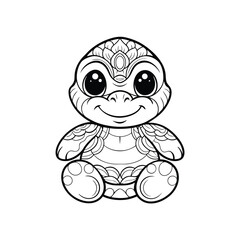 Adorable cartoon turtle with decorative details illustrated in a black and white coloring book style.