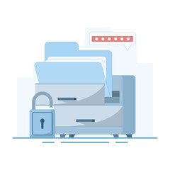 Online Storage Concept, storing Files and folders on online server, Safer online storage space, document files, management files, secure database, Flat design illustration in background.