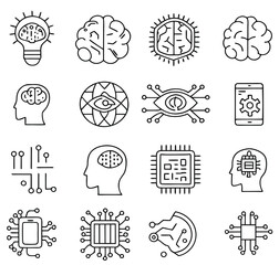 artificial intelligence icon set in line style, machine learning, smart robotic and cloud computing network digital AI technology: internet, solving, algorithm, vector illustration