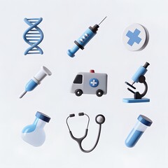 3D Medical Tools and Healthcare Equipment Icons Set