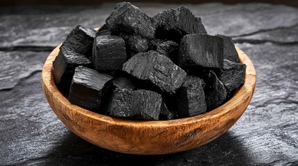 Dark Charcoal Cubes in Rustic Wooden Bowl