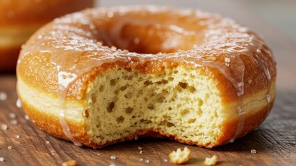 A delectable glazed doughnut with a missing bite. Sweet treat.