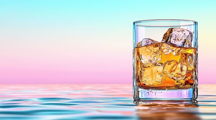 Pixel Art Whiskey Glass with Ice on Pink and Blue Water