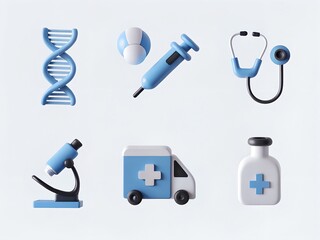 3D Medical and Healthcare Icons in Blue and White