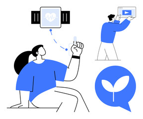 Wearable health device tracking heart rate, woman interacting with smart technology, man exploring media, eco-friendly communication. Ideal for fitness, wellness, tech, health care, sustainability
