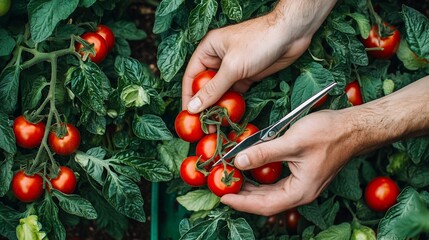 Harvesting Ripe Tomatoes: A Gardener's Hands Carefully Selecting Sun-Kissed Produce