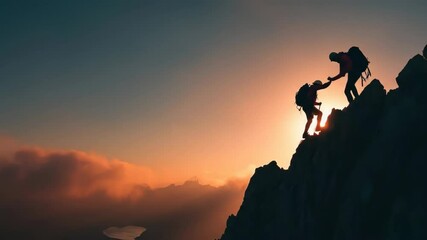 Two climbers ascending a rocky mountain at sunset, showcasing teamwork against a vibrant sky