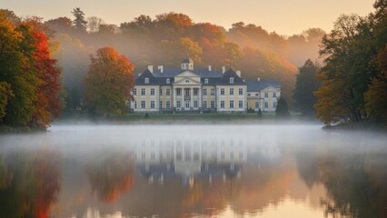Fototapeta premium Manor house reflected in lake on a foggy morning