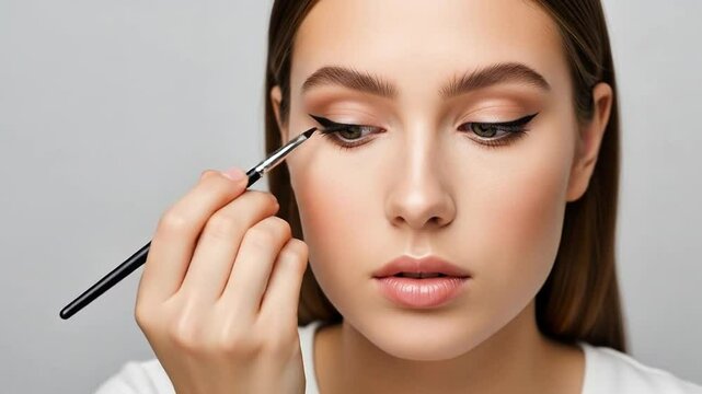 Woman applying eyeliner with brush in beauty makeup tutorial.