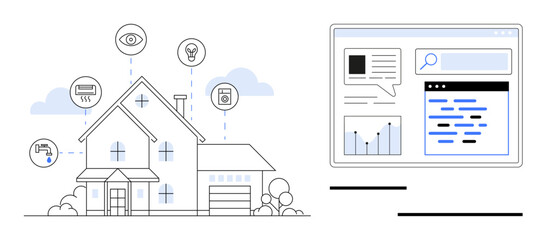 Smart home with interconnected devices and analytics on a desktop screen. Ideal for automation, IoT, sustainability, connectivity, innovation, security, simple landing page