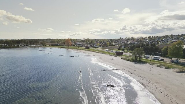 Drone view of Ringshaugstranda Beach on a sunny day, located near T&oslash;nsberg in Norway.