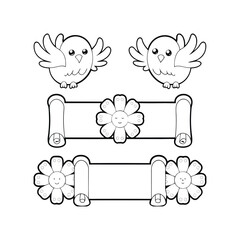 Cute cartoon birds and floral scrolls vector illustration in black and white design