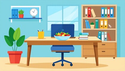 Fototapeta premium Pastel Blue Pixelated Office Room With Laptop And Fruit