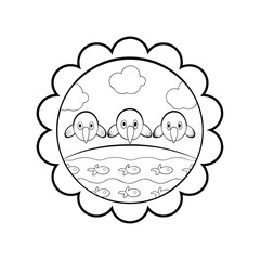 Cute illustration of adorable birds and fish in a decorative black and white circular design