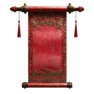 A detailed red and gold chinese scroll with tassels hanging against a black isolated background view