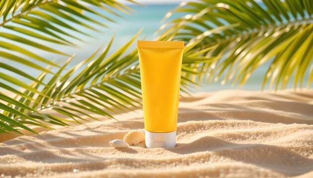 sunscreen bottle on beach sand with seashells, palm leaves, and golden hour glow, tropical vibe, golden hues, clean yet rich aesthetic