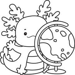 Outline of Illustration of cute axolotl activities icon.
Lineart of Funny pink axolotl in daily routine stickers.
