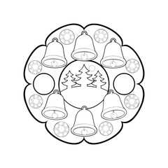 Festive black and white christmas mandala with bells christmas trees and circular decorations