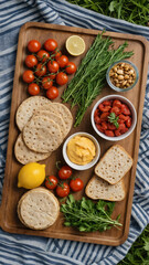 Healthy Vegan Summer Snacks on Picnic Blanket with Wooden Plateware, Fresh Herbs, and Rustic Outdoor Styling for Natural Food and Wellness Concepts