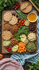 Healthy Vegan Summer Snacks on Picnic Blanket with Wooden Plateware, Fresh Herbs, and Rustic Outdoor Styling for Natural Food and Wellness Concepts