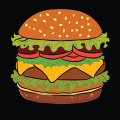Delicious isolated cheeseburger with beef, lettuce, tomato, and sesame bun on a white background, perfect for a fast food lunch or snack
