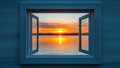 Open window showcasing a vibrant sunset over a calm lake