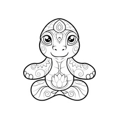 Peaceful cartoon turtle meditating in lotus position with ornamental designs for coloring